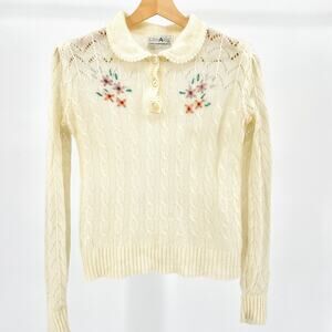Vintage 80s Cream Embroidered Floral Knit Peter Pan Collar Sweater